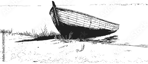 Abandoned boat sketch showing a weathered hand-drawn vessel on a calm sandy shore with coastal grass, rustic shoreline illustration ideal for vintage vector artwork