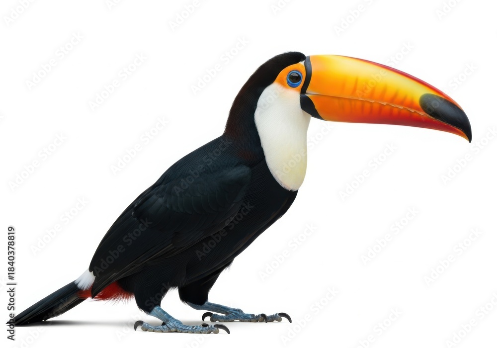 Fototapeta premium A toucan bird with a large orange beak isolated on white background