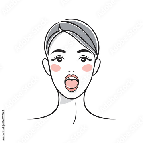 Illustration of a Young Woman Opening Her Mouth Vocalizing or Singing with Pink Cheeks