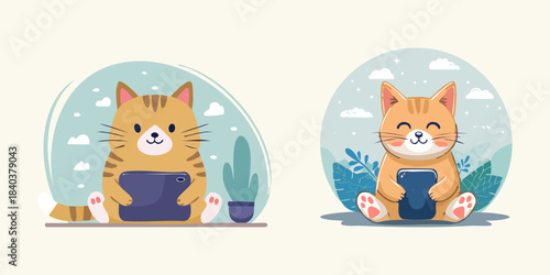 Cute tabby cats holding tablets in a whimsical cartoon style, perfect for tech or pet-themed designs