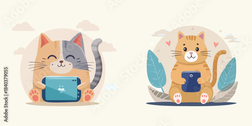 Adorable cartoon cats happily engaged with modern tablets, enjoying digital entertainment and connectivity in a charming flat design illustration perfect for tech-savvy pet lovers