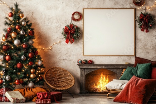 Blank Holiday Poster Above Fireplace in Cozy Scandinavian Interior