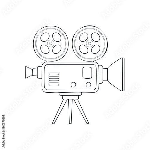 Vintage film camera isolated on white, line art illustration of an old movie camera