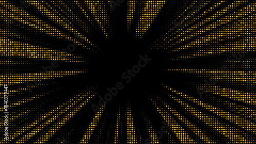 Golden starburst with halftone dots radiates luminous rays across textured background, creating luxurious festive atmosphere with shimmering light particles and glitter confetti pattern