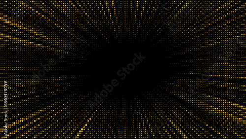 Glitter explosion with golden halftone dots bursting outward. Radiant sunburst design features shimmer particles, confetti sparkles, and luminous glow effects