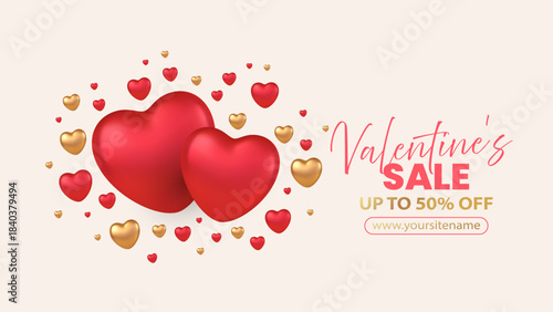 Red 3D heart balloons floating on white background, perfect for Valentine's Day romantic greeting cards, wedding invitations, or love celebration designs with sweet decorative elements