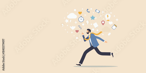 A businessman running with various icons floating around him symbolizing modern work