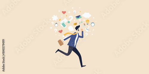 A businessman runs amidst a whirlwind of thoughts ideas and creative concepts