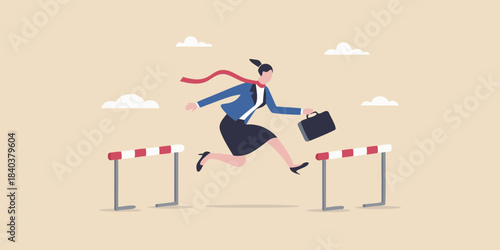 Businesswoman confidently leaping over hurdles symbolizing overcoming challenges and achieving goals