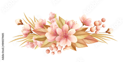 Realistic spring bouquet bursting with vibrant flowers creates an elegant floral arrangement. White background highlights colorful blooms in this stunning illustration