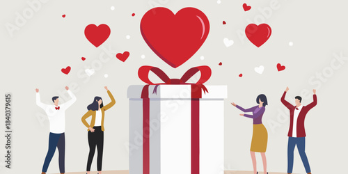 Celebration with hearts and a gift joyful people expressing love and happiness