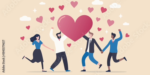 Celebration of love diverse people joyfully raise arms with hearts floating