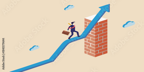 A businessman climbs a brick staircase representing growth and success