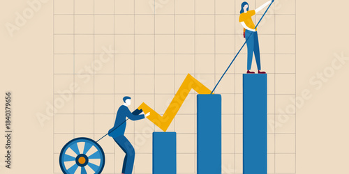 Teamwork and growth people pushing a chart upwards on a grid background