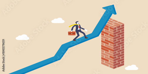 A businessman climbing a blue arrow made of bricks signifying progress
