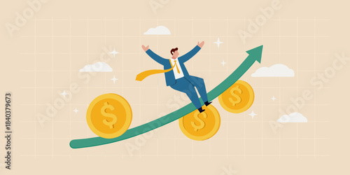 A businessman rides an arrow of financial growth with gold coins