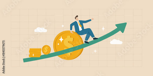 Business success a man climbs an arrow made of coins and progress