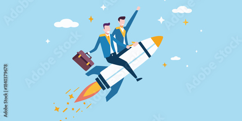 Businessmen propelled by a rocket symbolize success growth and innovation