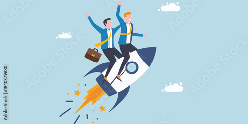 Two businessmen celebrating success while launching on a rocket ship