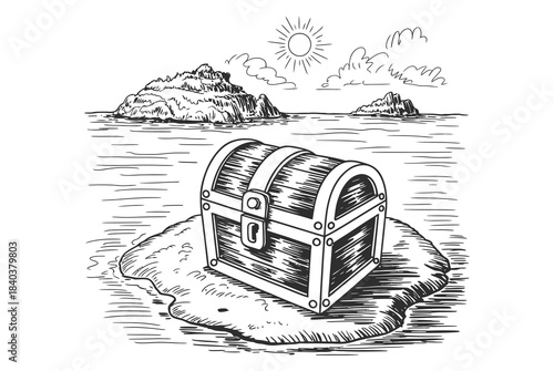 Antique chest with rich ornate metal details set on a clear sandy shore under bright sun and gentle clouds, expressive hand-drawn vector illustration for creative design