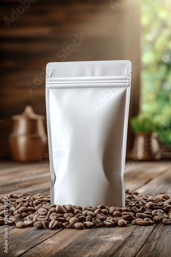 Coffee bag on wooden surface with coffee beans.
