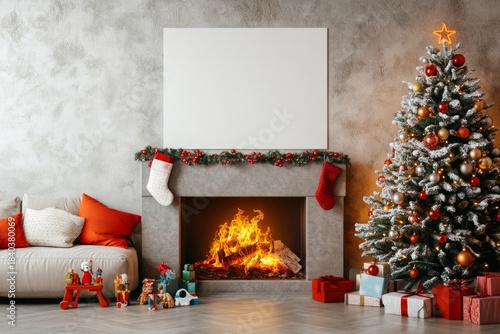 Blank Holiday Poster Above Fireplace in Cozy Family Home