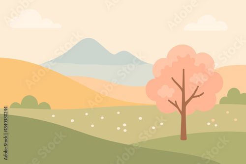 Delicate pastel spring illustration in flat design/minimal style. Peaceful spring landscape, nature, cherry blossoms, relaxation, harmony.