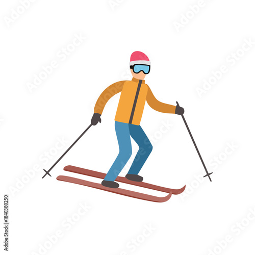 Man skiing downhill in yellow jacket enjoying winter sports and wearing goggles on isolated background outdoor action sport recreation