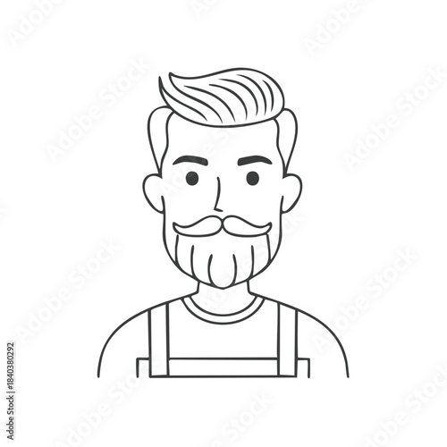 Stylized line art illustration of a bearded man wearing overalls and a t-shirt