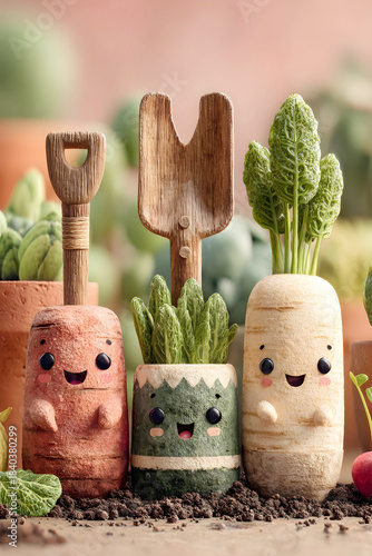 Three cute, smiling vegetable characters resembling garden tools and root vegetables in terracotta pots, standing on rich dark soil