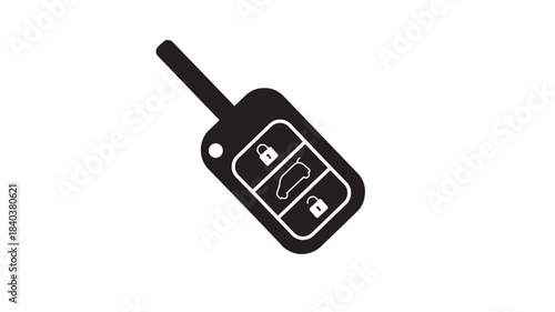 A sleek black car key fob design featuring button icons for lock unlock and trunk release on transparent background silhouette high quality professional detailed modern elegant