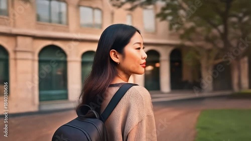 Young Asian Woman with Backpack Walking on University Campus.