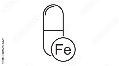 a simple line drawing of a capsule shape with the chemical symbol for iron inside on transparent background silhouette high quality professional detailed modern elegant stylish