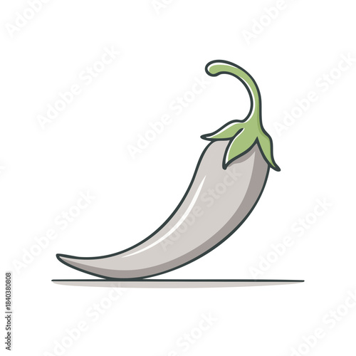 Single grey chilli pepper stands on a white backdrop; illustration of pepper with green stem; grey colored vegetable