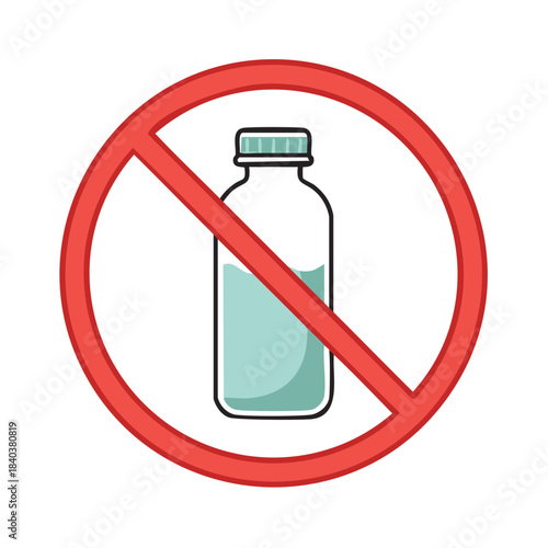 No drinks allowed sign with water bottle illustration, prohibition symbol for water