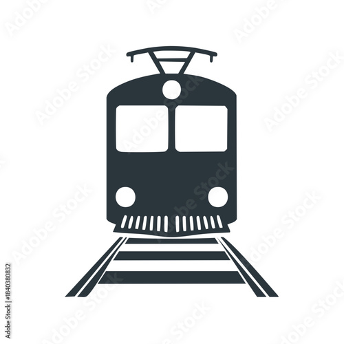 Front view of an isolated train on tracks, rail transportation symbol in dark gray tone