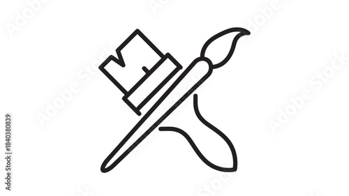 a simple black line art illustration depicting a paintbrush and a roller brush crossed over each other on transparent background silhouette high quality professional detailed modern
