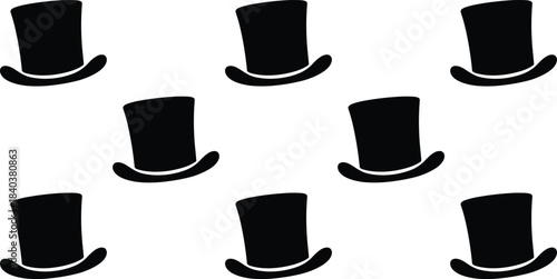 Seamless pattern of multiple black silhouette top hats floating against a white background, representing magic, elegance, formal wear, celebration, and vintage fashion concepts.