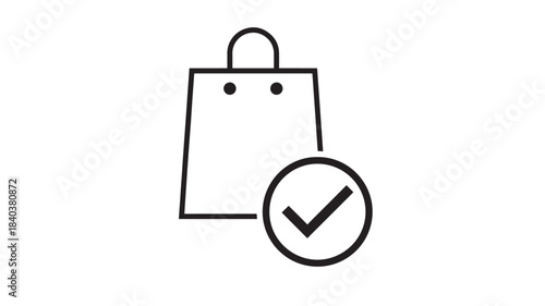 A minimalist black line art illustration depicts a shopping bag with a checkmark inside a circle on transparent background silhouette high quality professional detailed modern elegant
