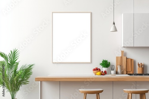 Blank Poster on White Wall in Modern Kitchen