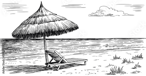 Beach sketch vector illustration with a shaded palm umbrella and comfortable lounge chair beside calm ocean waves, serene summer vacation atmosphere for leisure and travel