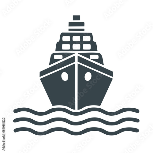 Cruise ship navigating wavy sea water graphic front view travel adventure summer vacation