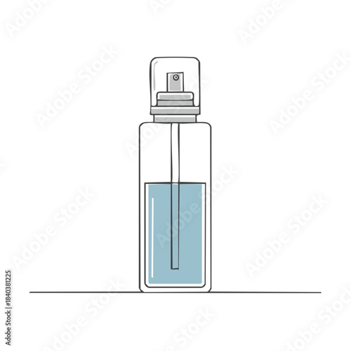 Line art illustration of a rectangular spray bottle filled with translucent blue liquid in a simple, clean style