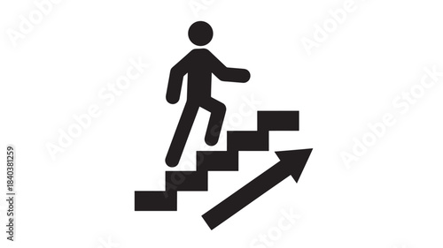 a simple black silhouette of a person climbing a staircase with an upward pointing arrow on transparent background high quality professional detailed modern elegant stylish clean