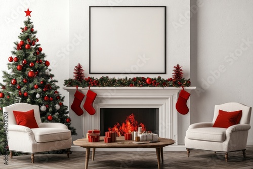 Festive Traditional Living Room Poster Mockup with Christmas Tree