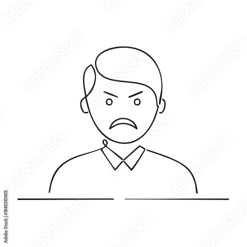 One-Line Drawing: Angry Man's Portrait with Frowning Expression and Aggressive Gaze
