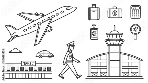 Sleek, modern line icons for airport and travel themes, ideal for booking sites, travel guides, and aviation industry branding.