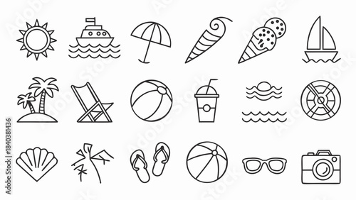 Vibrant thin line icons representing beach life and summer fun, ideal for vacation planning, coastal decor, and seasonal promotions.