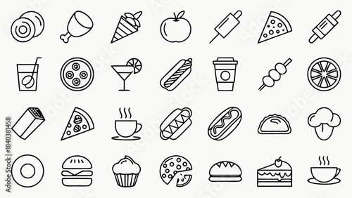 A comprehensive collection of 100 thin stroke line icons covering a wide variety of food items, perfect for culinary blogs and restaurant menus.
