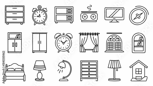 Modern, minimalist line icons depicting bedroom interiors and home furnishings, perfect for interior design portfolios and real estate.